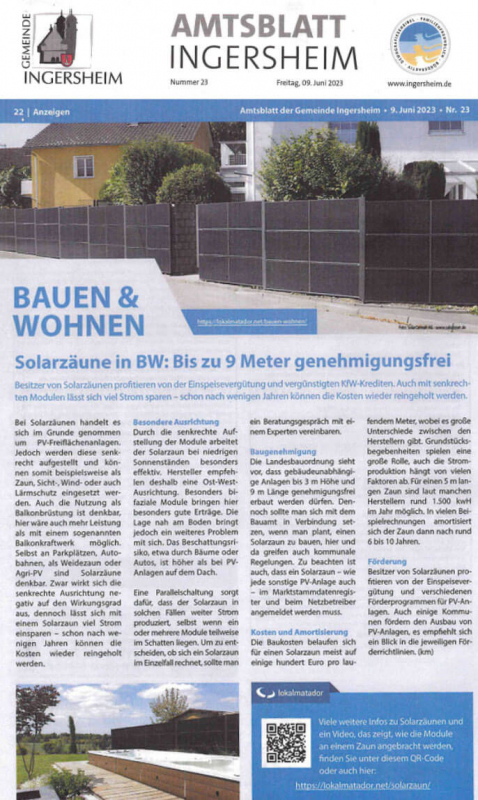 SolarZaun – Beitrag im Amtsblatt Ingersheim